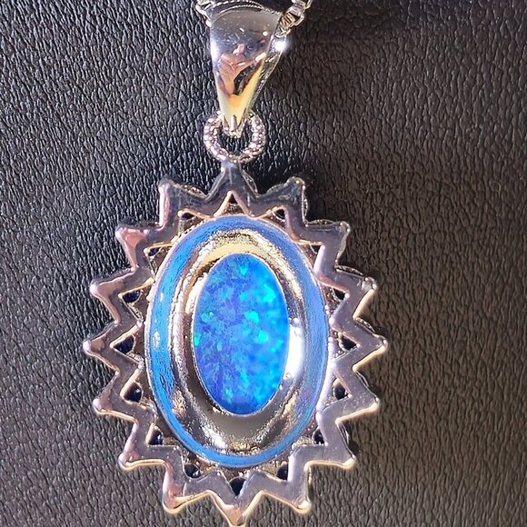Synthetic Australian Opal & Blue Crystal Pendant Necklace (NWOT) - Picture 3 of 7